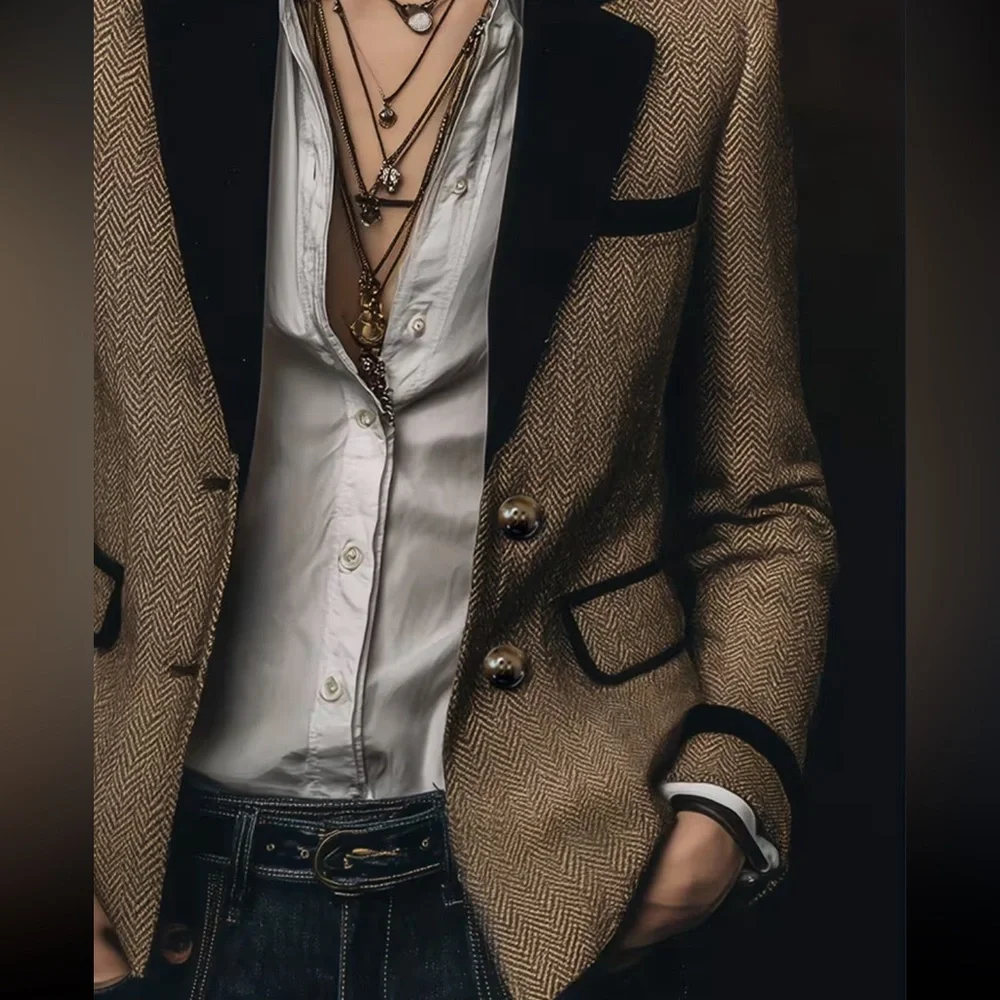 Couture herringbone tweed blazer featuring contrast velvet accents, gold buttons - Picture 10 of 13